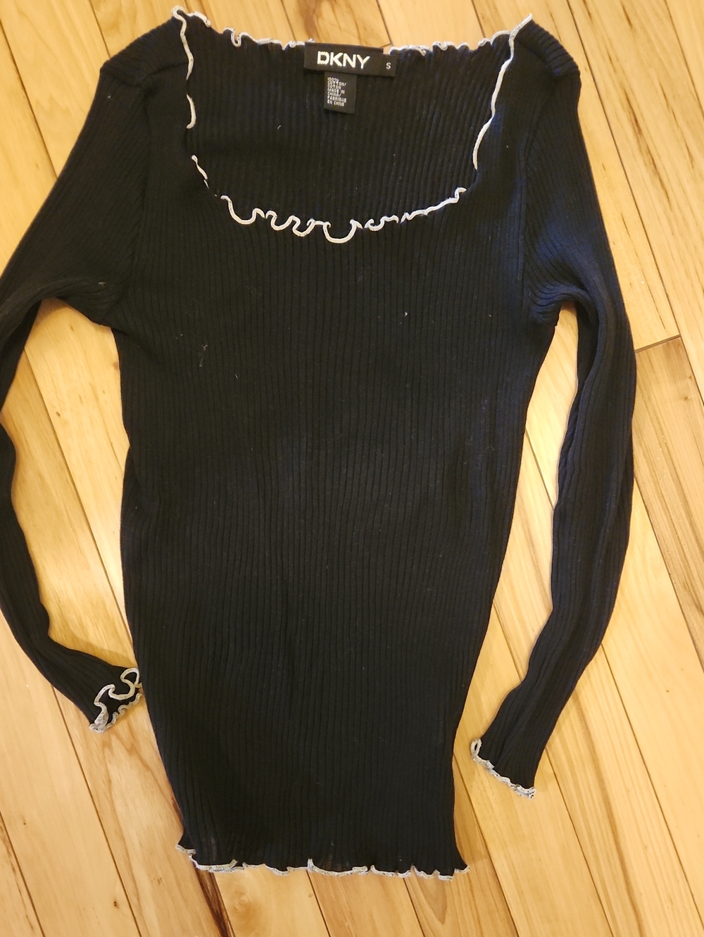 DKNY Black Ribbed Long-Sleeve Top with White Lettuce Trim